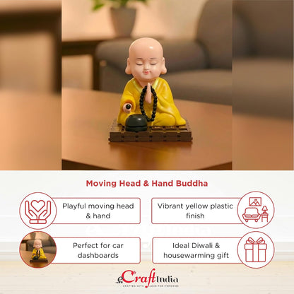 eCraftIndia Little Cute Buddha Monk Feng Shui Showpiece for Home Decor Office Car Dashboard | Moving Head and Hand Monk Buddha Statue for Positive Energy Money Luck Prosperity Gift (Plastic, Yellow)