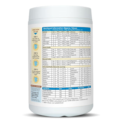 Nutritional information label on a white container with blue accents