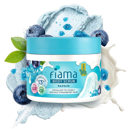 Fiama Strawberry Skin Exfoliating Body Scrub 200g, 0.5% Papain Enzyme + 0.1% Caffeine, Chemical + Physical Exfoliation, 13% Polishing Blend, Reduces Keratosis Pilaris, Refreshing Aqua Fragrance