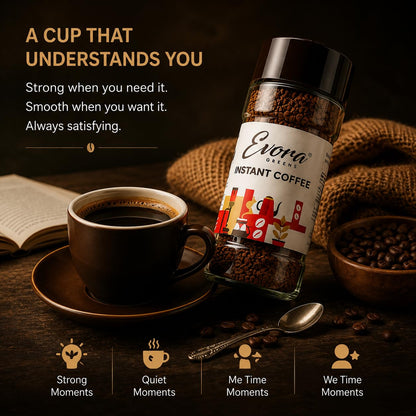 EVORA Greens 100gm Instant Coffee Powder | Classic Taste | Coffee with Arabica & Robusta Blend - Medium Roast | Make Café Style Hot or Cold Coffee, black Coffee, Cappuccino, Latte at Home | Make 50 Cups