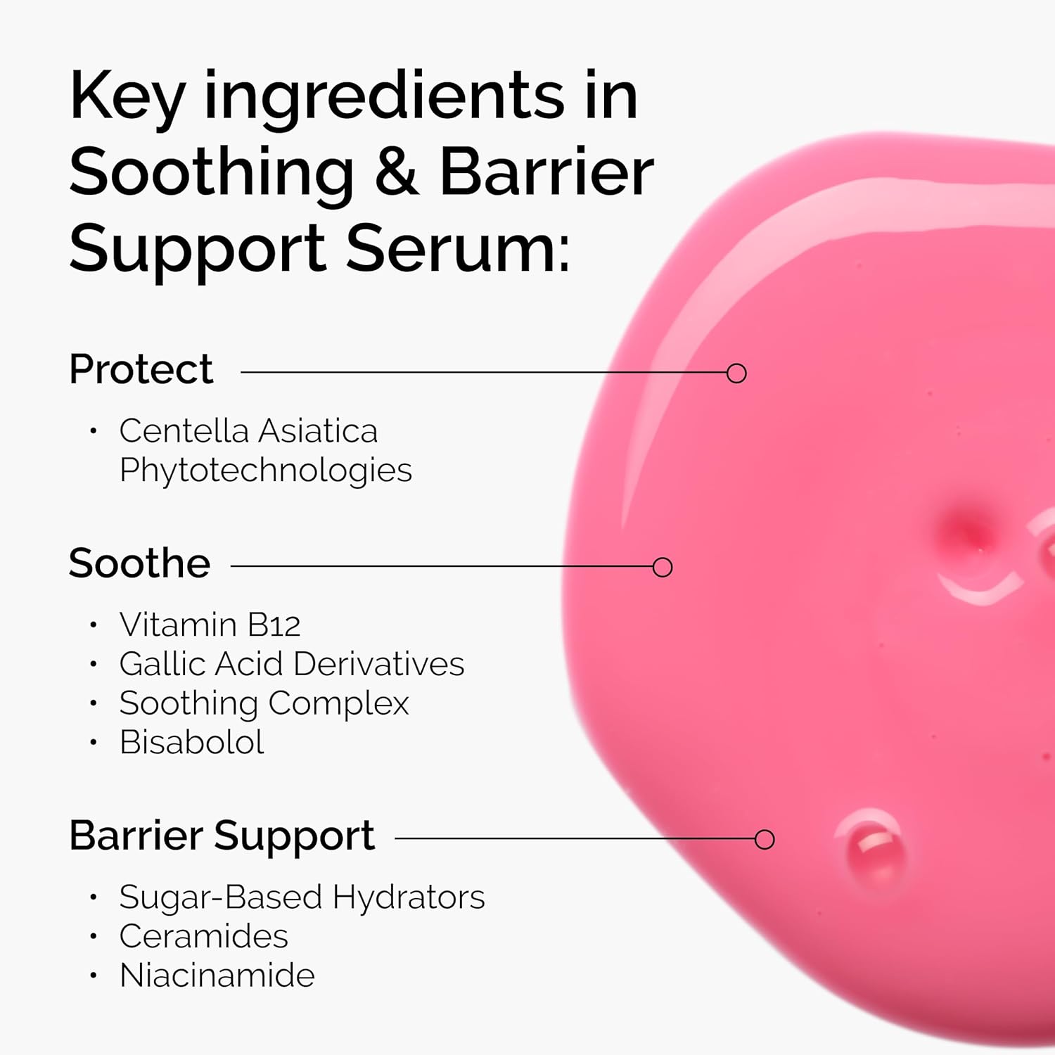 Soothing & Barrier Support Serum with key ingredients listed on a white background