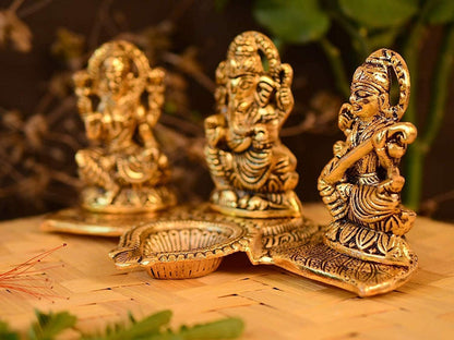 Kalakriti God Idols for puja Room Metal Antique Ganesh laxmi Saraswati Idol Murti |Decorative Platter with Diya, Sitting Blessing Ganpati for Diwali Decoration Festival, Golden