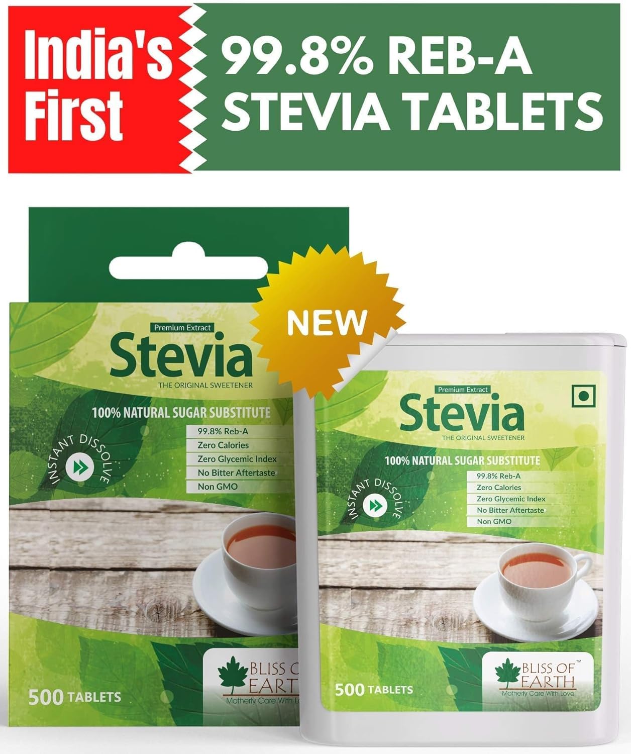 Bliss of Earth Stevia 500 Tablets Sugar free Pellets Zero Calorie Sweetener Diabetic and Keto Friendly Zero Calorie Keto Sweetener, Organic Quick Dissolve 99.8% REB-A Purity