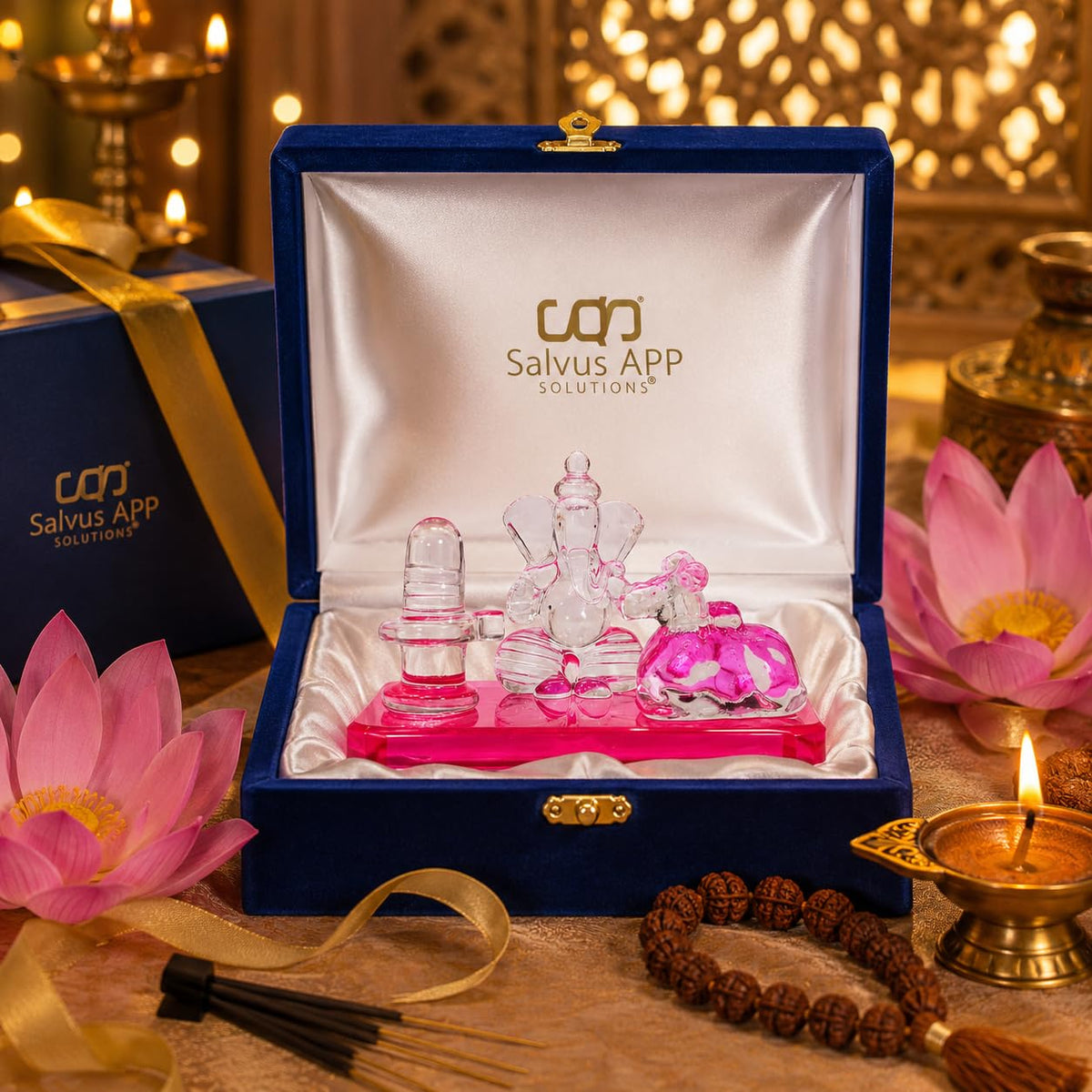 Crystal Glass Shiva Ganesha Nandi Statue | Decorative Religious Showpiece for Home, Temple & Office | Pink, 4 x 2.5 Inch