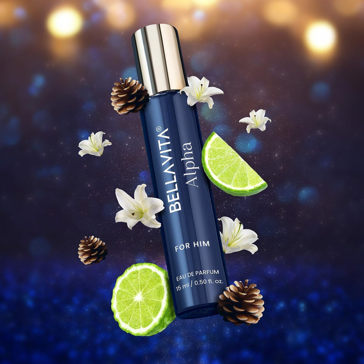 Bellavita Alpha perfume bottle with lime slices and flowers on a dark background