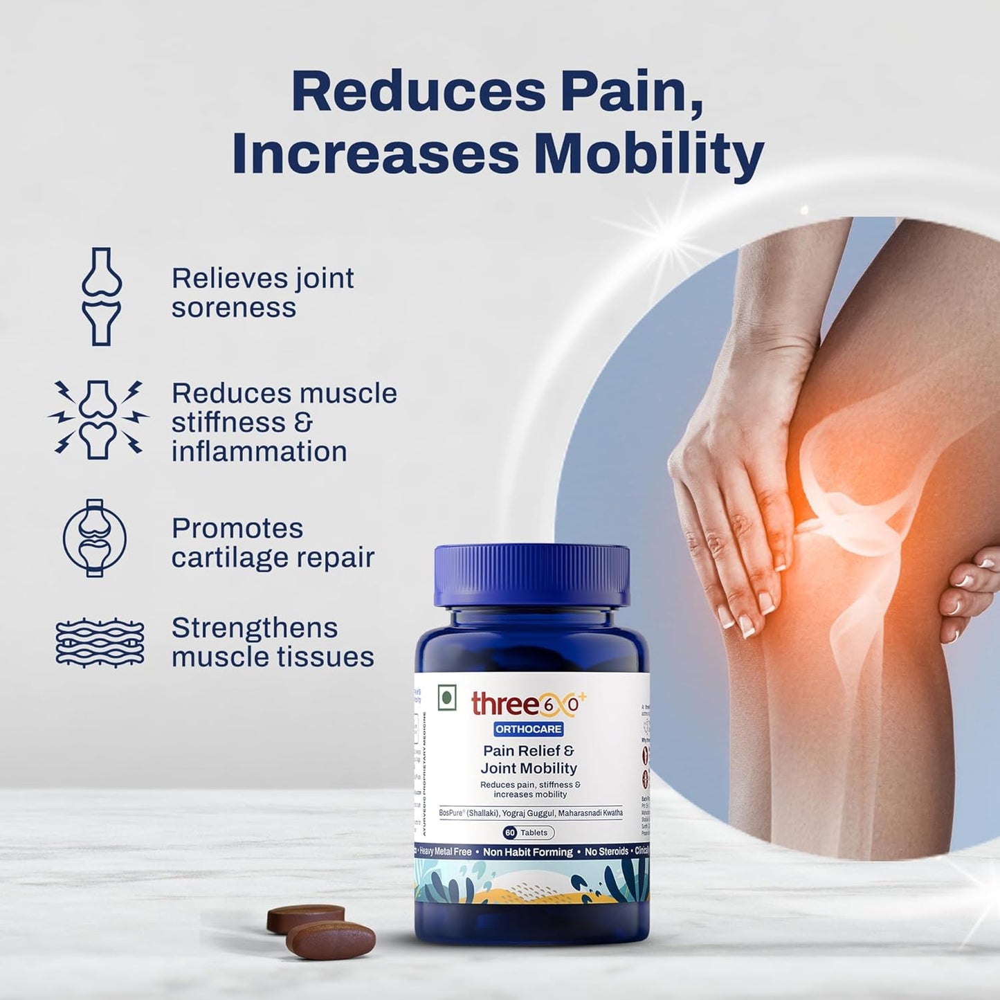 three60+ PAIN RELIEF & JOINT MOBILITY tablets | Reduces Joint Pain & Stiffness | Improves Flexibility | BosPure, Yograj Guggul, Maharasnadi Kwatha, Curcumin | Non-Habit Forming | 60 Tablets