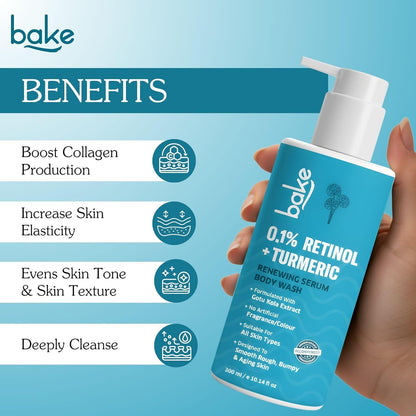 BAKE 0.1% Retinol & Turmeric Renewing Serum Body Wash for Anti Aging | Boosts Collagen Production, Increases Skin Elasticity & Reduce Fine Lines & Wrinkles | For Women & Men | 300ml