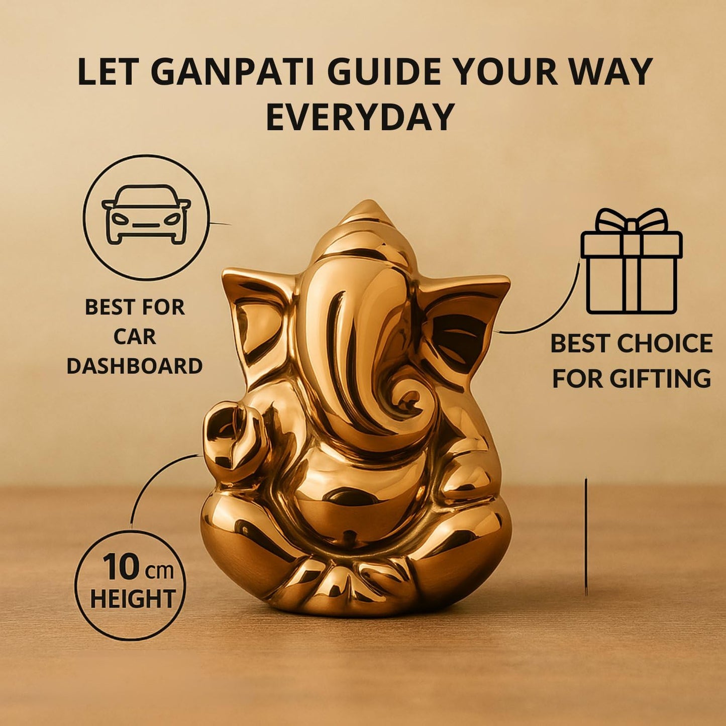 sculpmart Ganesh Idol for Home Decor & Car Dashboard | Ganesh Ji Murti Decorative Showpiece for Home Decor | Pooja Room & Office Desk (Golden) 10 CM