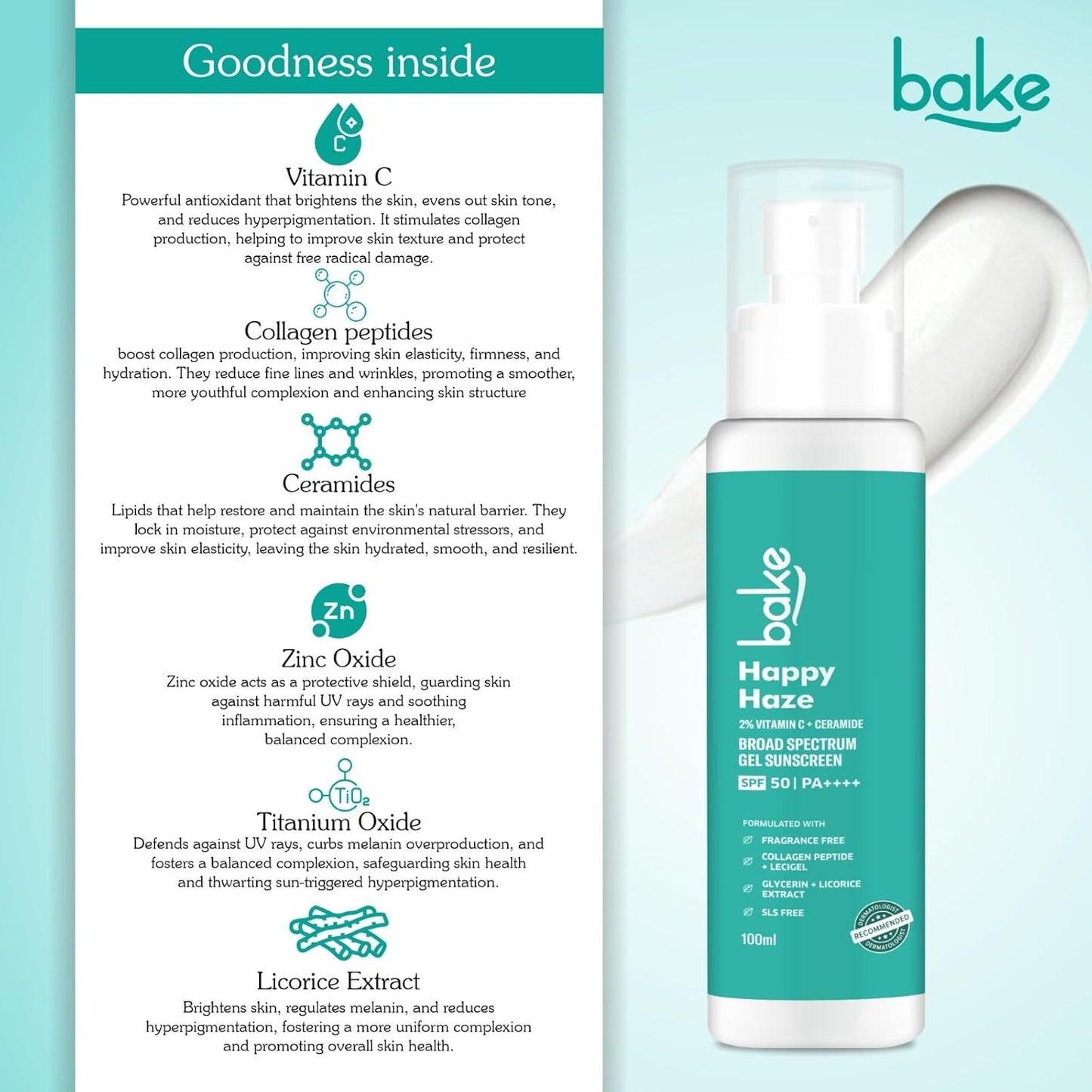 BAKE Happy Haze 100% Mineral Sunscreen SPF 50 PA++++ with 2% Vitamin C, Ceramide | For UV A/B &Blue Light Protection | Lightweight & Non-Greasy Sunscreen | 100ml