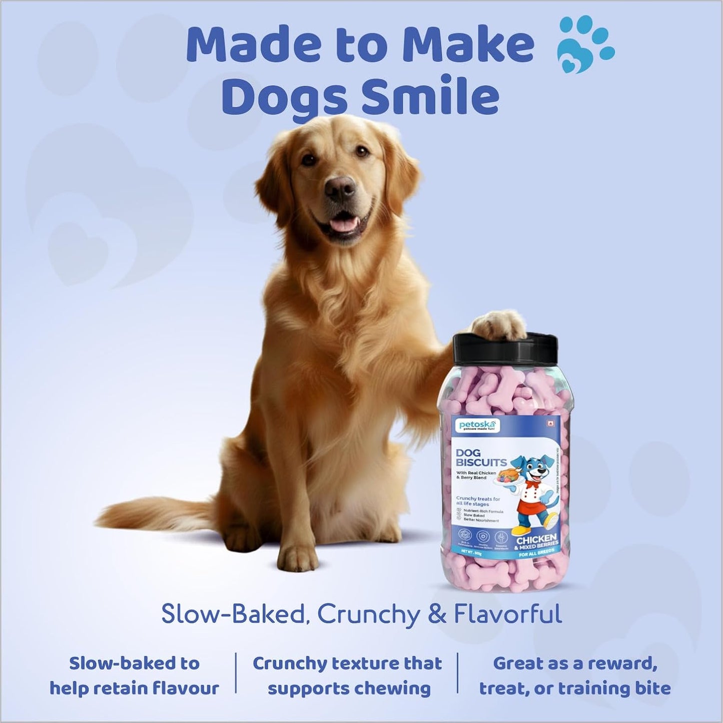 Petoska Chicken & Mixed Berries Dog Biscuits for Small, Medium & Large Breeds|500g Jar| Real Chicken & Berry Blend Treats | Crunchy Dog Food Biscuits