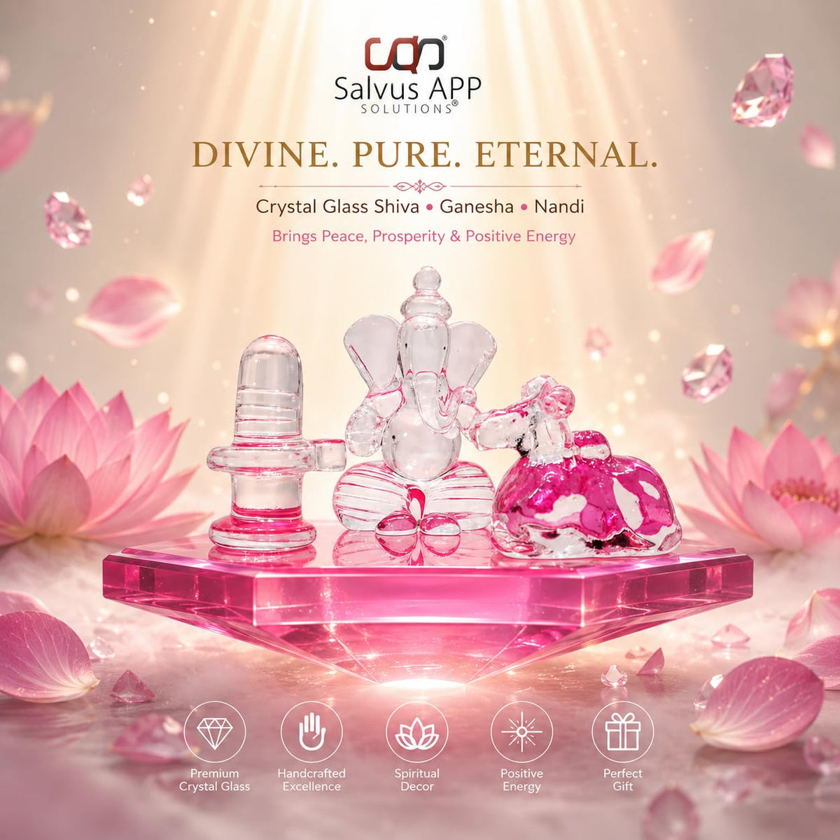 Crystal Glass Shiva Ganesha Nandi Statue | Decorative Religious Showpiece for Home, Temple & Office | Pink, 4 x 2.5 Inch