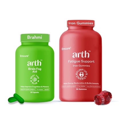 Arth Brahmi & Iron gummies Combo for Men & Women | 30 Brahmi Capsules for Focus & Cognitive Clarity + 30 Chelated high absorption Iron Gummies for Reduced Fatigue & Daily Energy Support