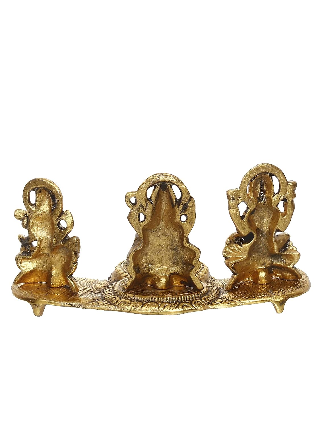Golden Metal Handcrafted Lakshmi Ganesha Saraswati Idols with Diya On Leaf Chowki - Auspicious Decorative Idols & Diyas for Puja Room, Home, Office, Temple - Gift for Diwali, Housewarming