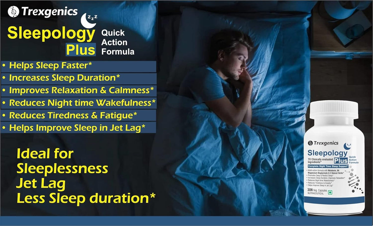 Advertisement for Trexegenics Sleepology Plus showing a person in bed and product packaging.