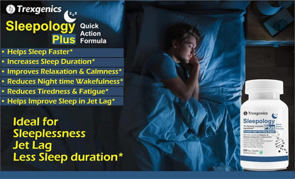 Advertisement for Trexegenics Sleepology Plus showing a person in bed and product packaging.