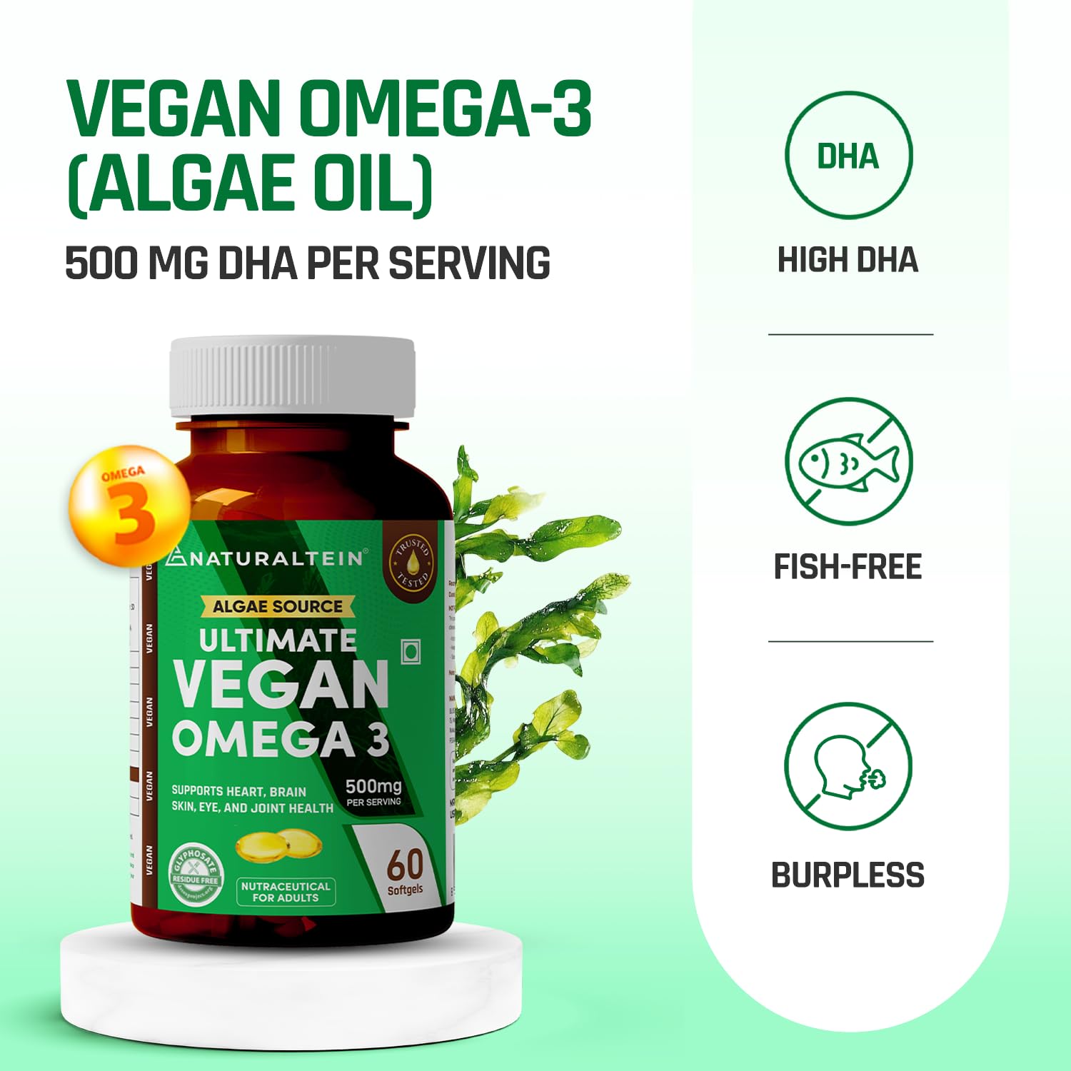 Vegan Omega-3 supplement bottle with green label on a light green background