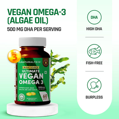 Vegan Omega-3 supplement bottle with green label on a light green background
