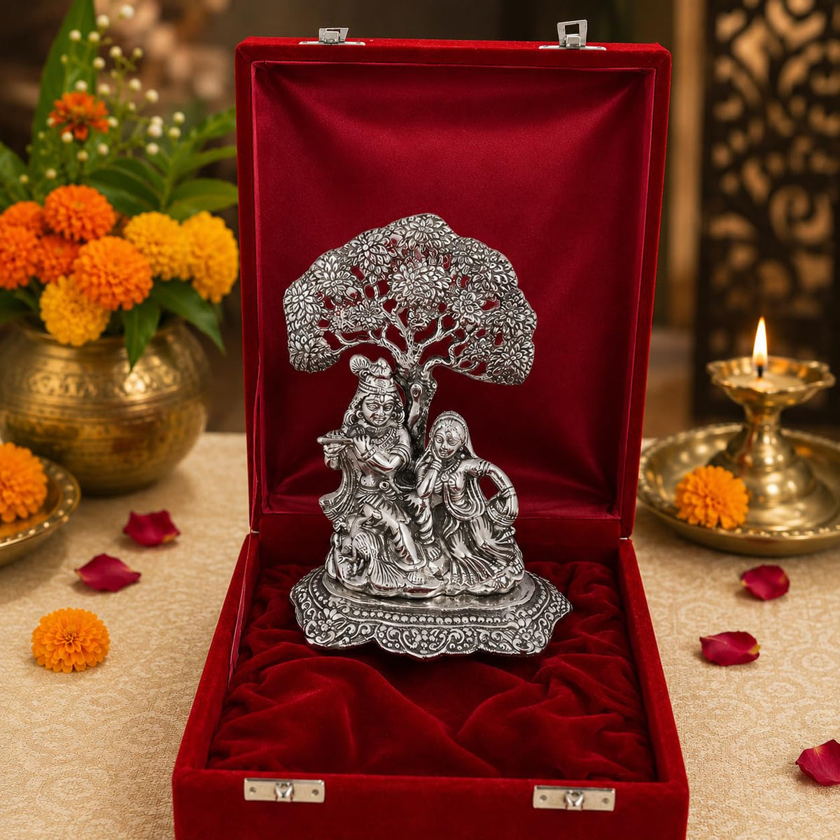 Lavanaya Silver Brand - Silver Plated Radha Krishna Idol | tatue | Showpiece with Velvet Gift Box - Perfect for Marriage Anniversary, Wedding, Housewarming, and Birthday Gifting