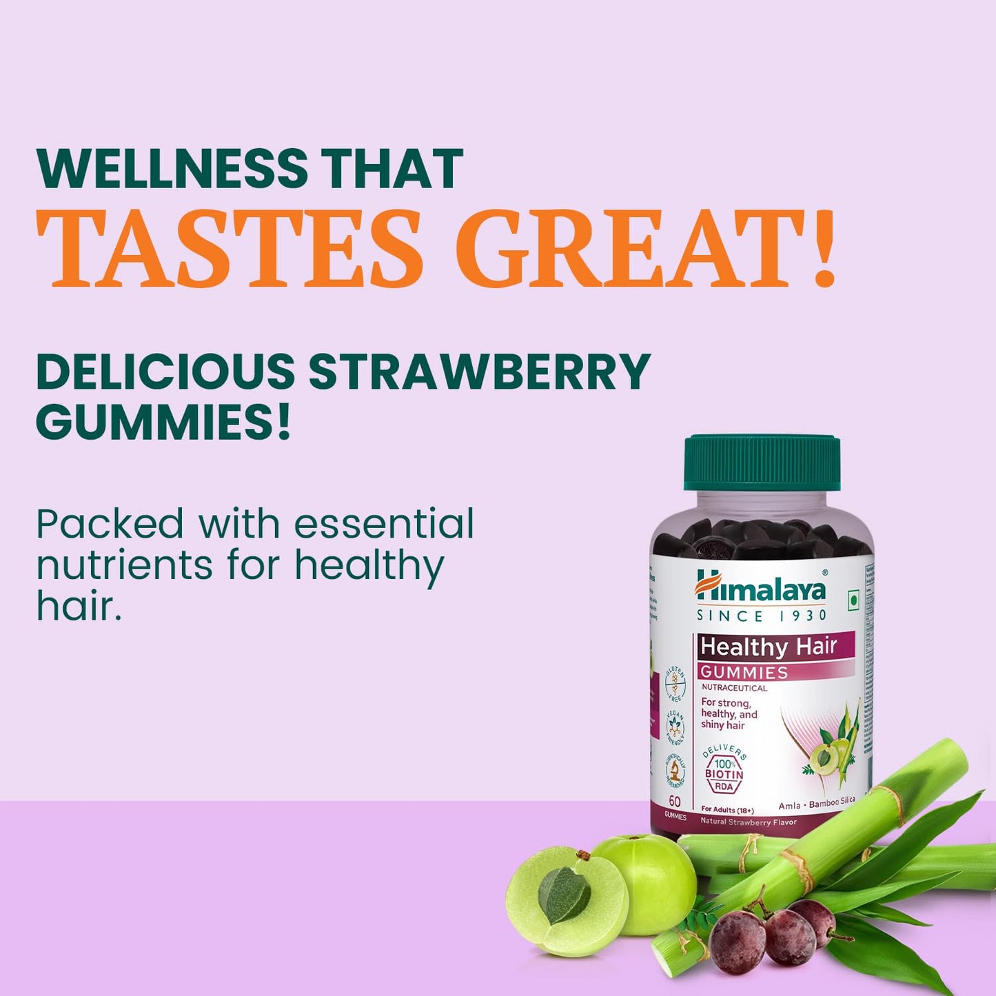 Himalaya Healthy Hair Gummies bottle with strawberry and green leaves on a light purple background