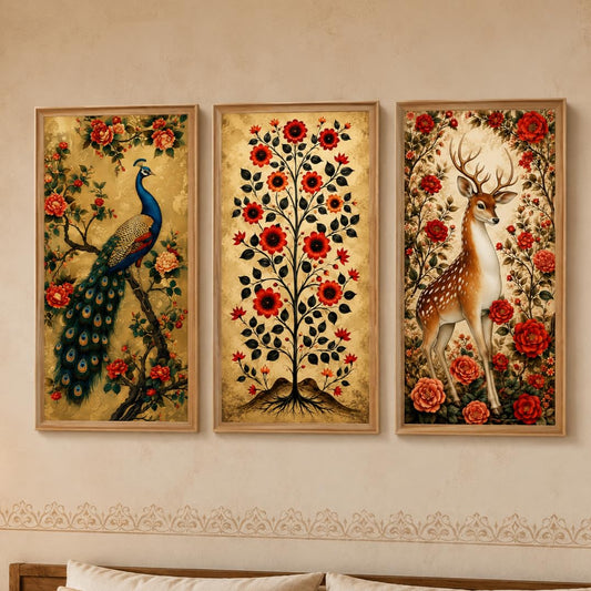 Set of 3 Peacock Floral Tree Deer Wall Paintings with Sparkle Laminate, Premium Wooden Synthetic Frame, Vintage Botanical Art for Living Room Bedroom Decor