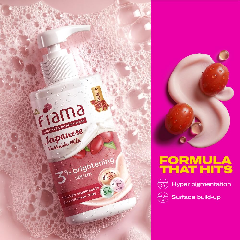 Fiama 3% Brightening Serum Body Wash 250ml | 2% Niacinamide, 1% Glycolic Acid, Omega 3 & 6 Fatty Acids Shower Gel, Fights Dullness & Evens Skin tone | Exotic Japanese Hokkaido Milk, Raspberry Smoothie Fragrance