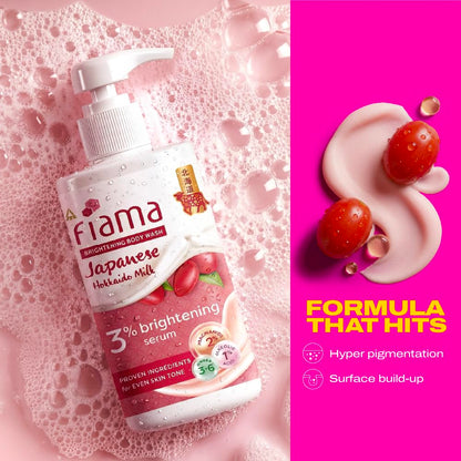 Fiama 3% Brightening Serum Body Wash 250ml | 2% Niacinamide, 1% Glycolic Acid, Omega 3 & 6 Fatty Acids Shower Gel, Fights Dullness & Evens Skin tone | Exotic Japanese Hokkaido Milk, Raspberry Smoothie Fragrance