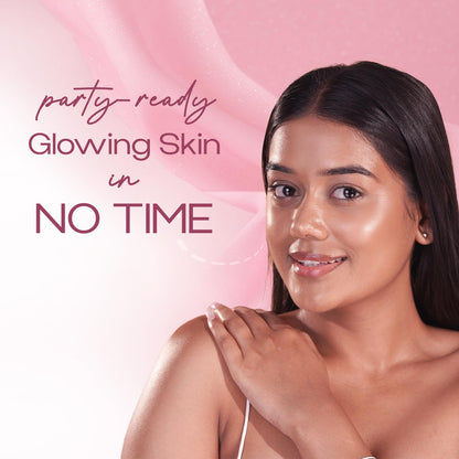 Woman with glowing skin on a pink background with text 'party-ready Glowing Skin in NO TIME'.