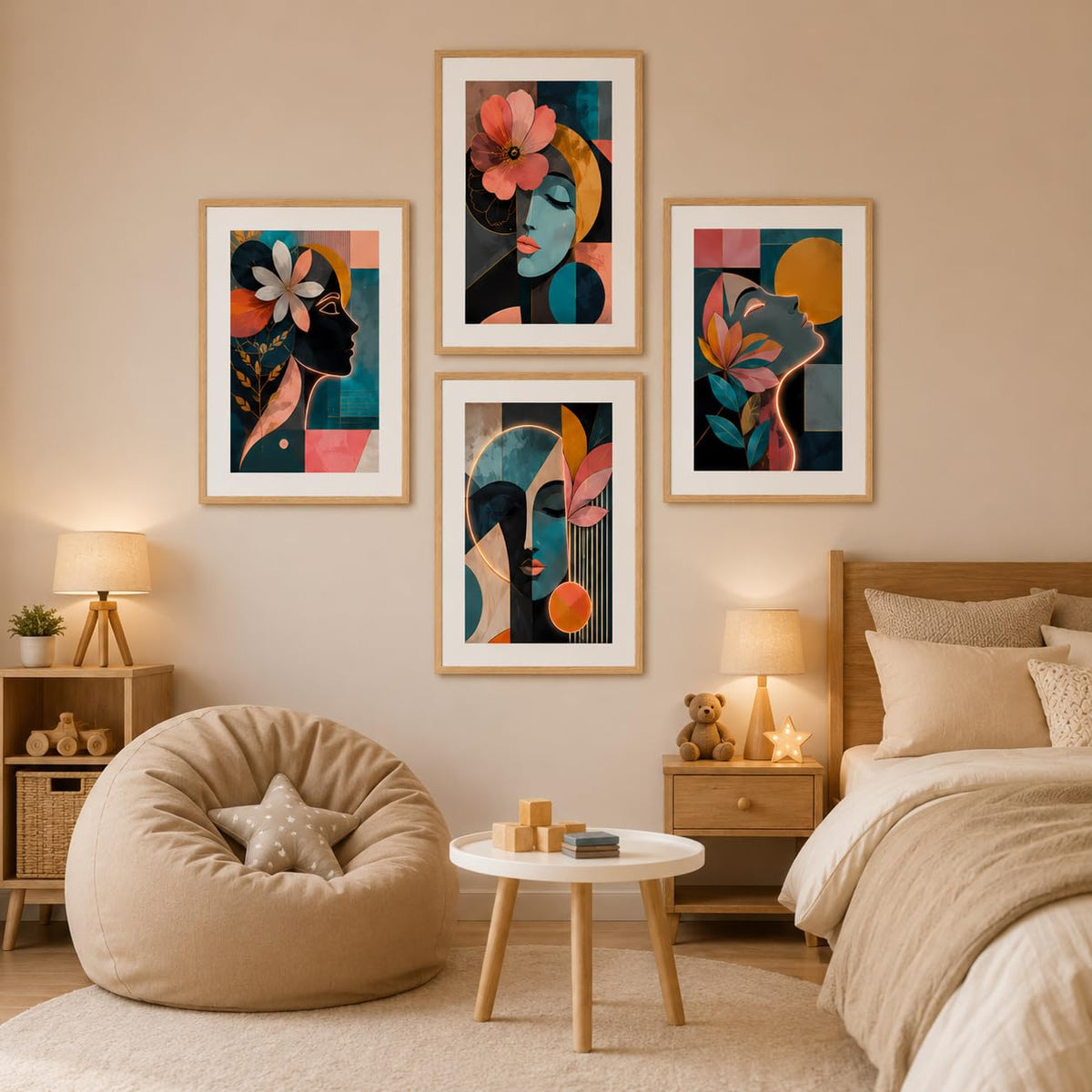 Set of 4 Abstract Face Floral Wall Paintings with Sparkle Laminate and Premium Wooden Synthetic Frame for Living Room Bedroom Office Decor (13.5 x 19.5 Inch)