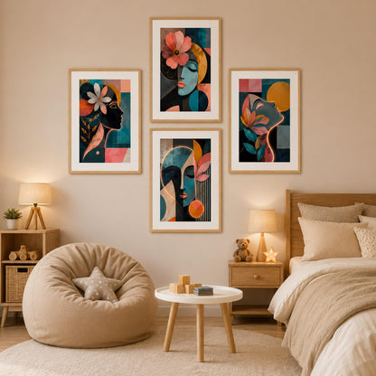 Set of 4 Abstract Face Floral Wall Paintings with Sparkle Laminate and Premium Wooden Synthetic Frame for Living Room Bedroom Office Decor (13.5 x 19.5 Inch)