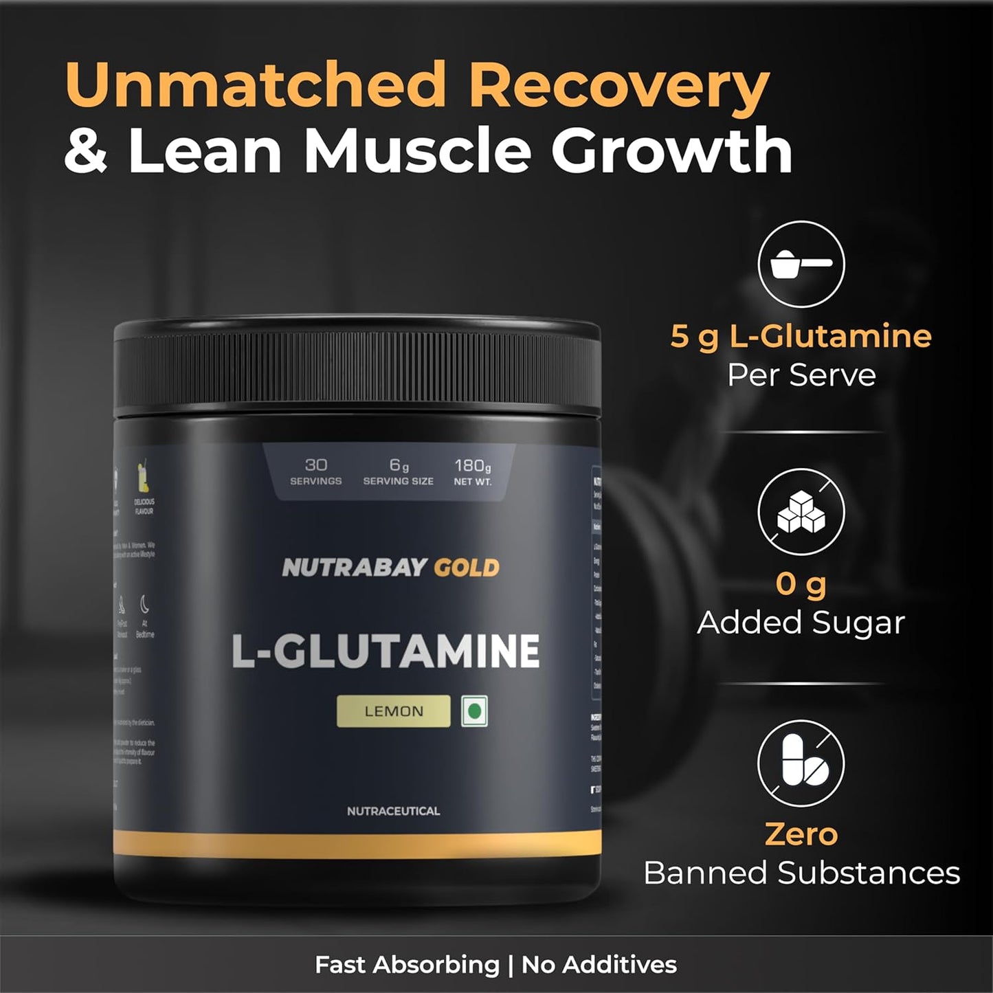 NutraBay Gold L-Glutamine supplement container with promotional text on a dark background