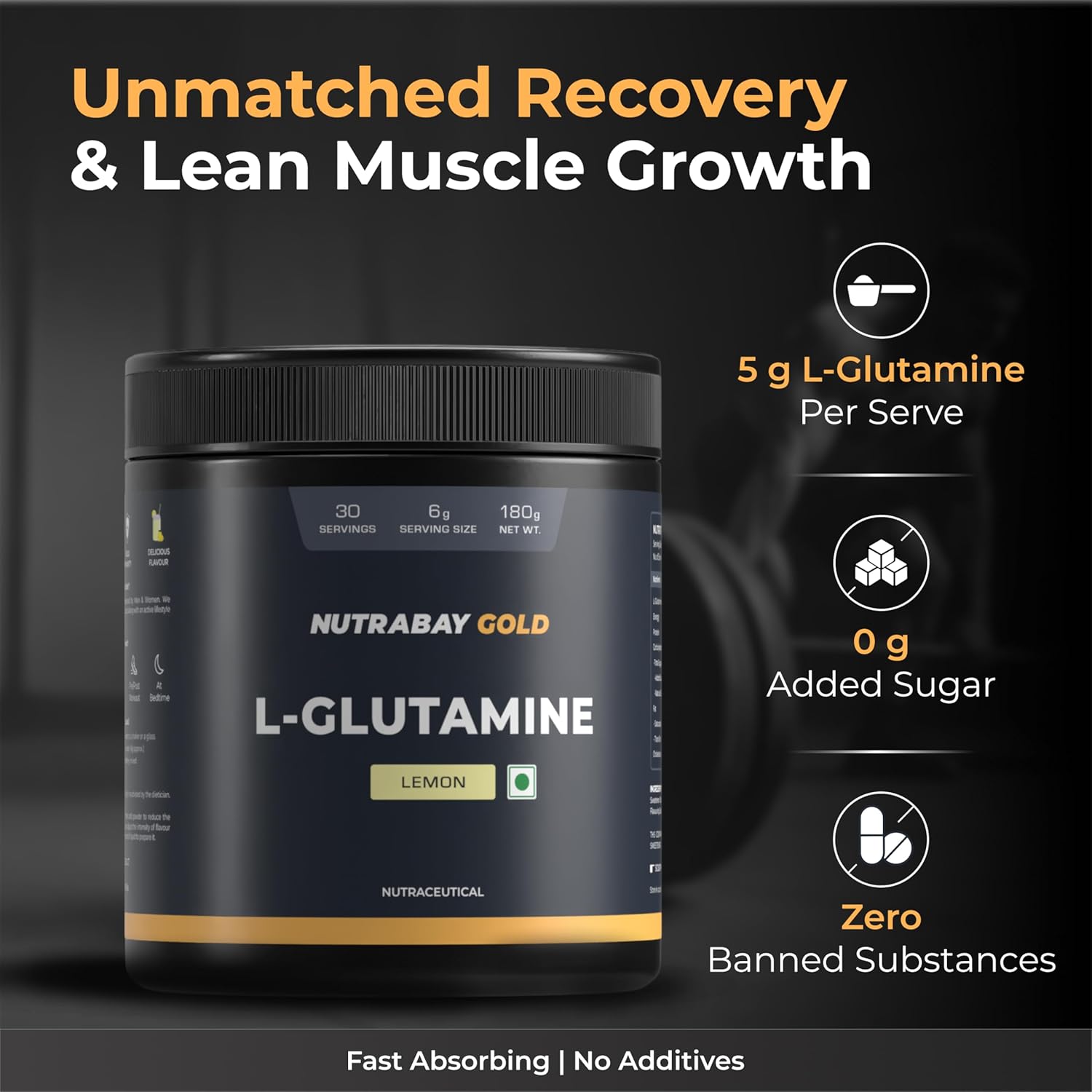 NutraBay Gold L-Glutamine supplement container with promotional text on a dark background