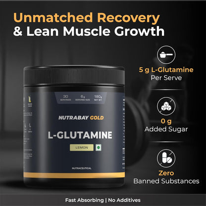 NutraBay Gold L-Glutamine supplement container with promotional text on a dark background