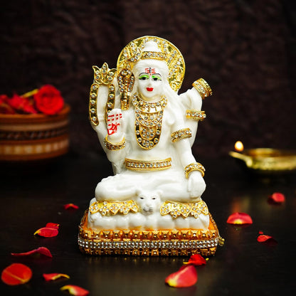 White Marble Dust Lord Shiva Idol for Home (5 inch) | Jewellery Embellished Lord Siva Statue for Pooja Room, Home Decor and Office Desk | Resin Shiv Ji Murti | Sitting Bholenath Murti for Gift