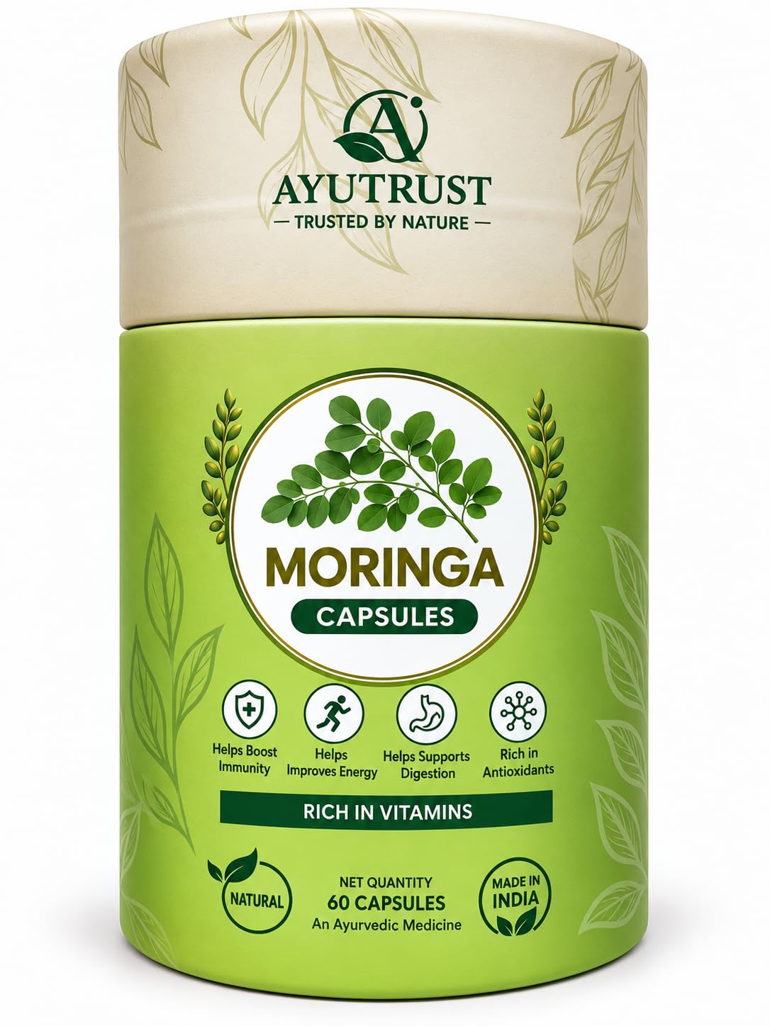 AYUTRUST Moringa Capsules I 400 mg Pure Moringa Leaf Extract | Natural Supplement | Supports Immunity, Energy & Digestion| 60 Capsules |