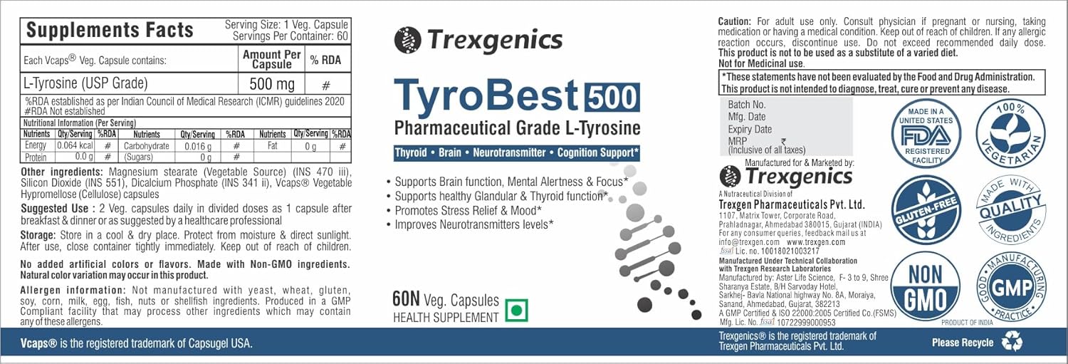 TyroBest 500 supplement label by Trexgenics with various certification logos on a white background.