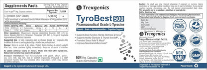TyroBest 500 supplement label by Trexgenics with various certification logos on a white background.