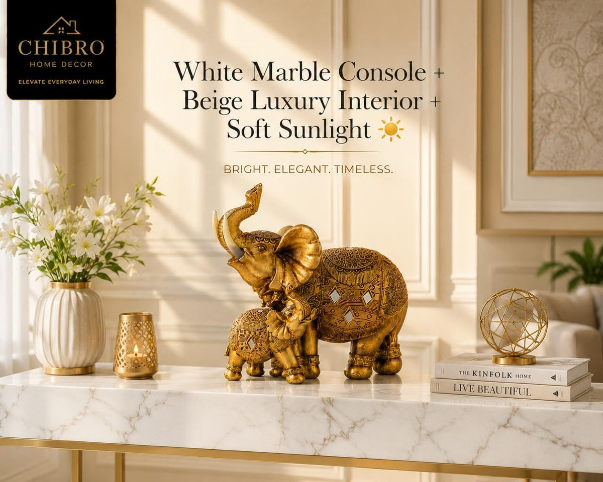 Decorative Elephant Showpiece for Home Décor | Resin Lucky Elephant Statue with Mother & Baby Design | Tabletop Feng Shui Good Luck Idol (Baby Elephant with Mother)