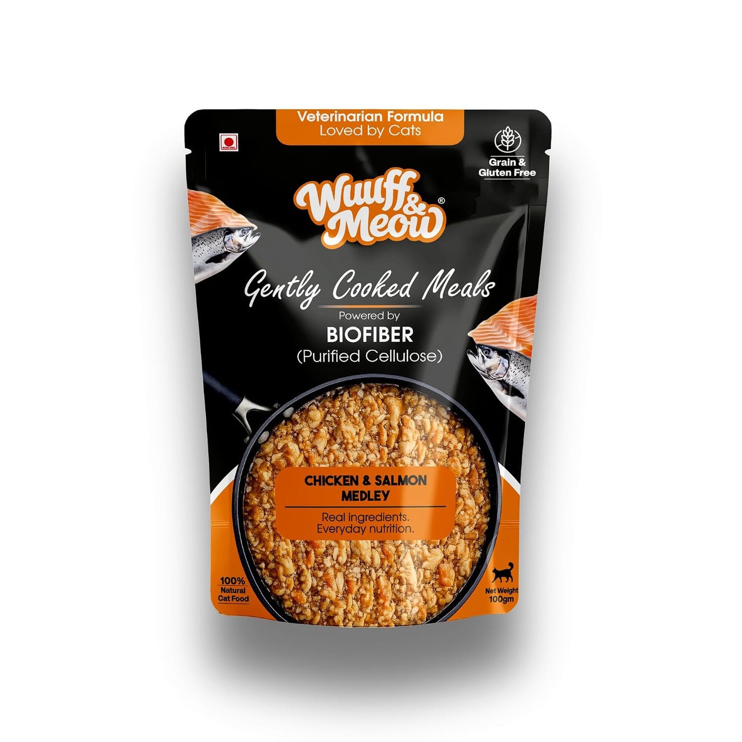 Wuuff & Meow Gently Cooked Wet Cat Food – Chicken & Salmon Medley Cat Meal | High Protein, Grain Free | Powered by BIOFIBER™ with Arbocel® | Vet-Formulated | (100 g (Pack of 1))