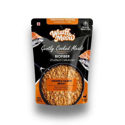 Wuuff & Meow Gently Cooked Wet Cat Food – Chicken & Salmon Medley Cat Meal | High Protein, Grain Free | Powered by BIOFIBER™ with Arbocel® | Vet-Formulated | (100 g (Pack of 1))