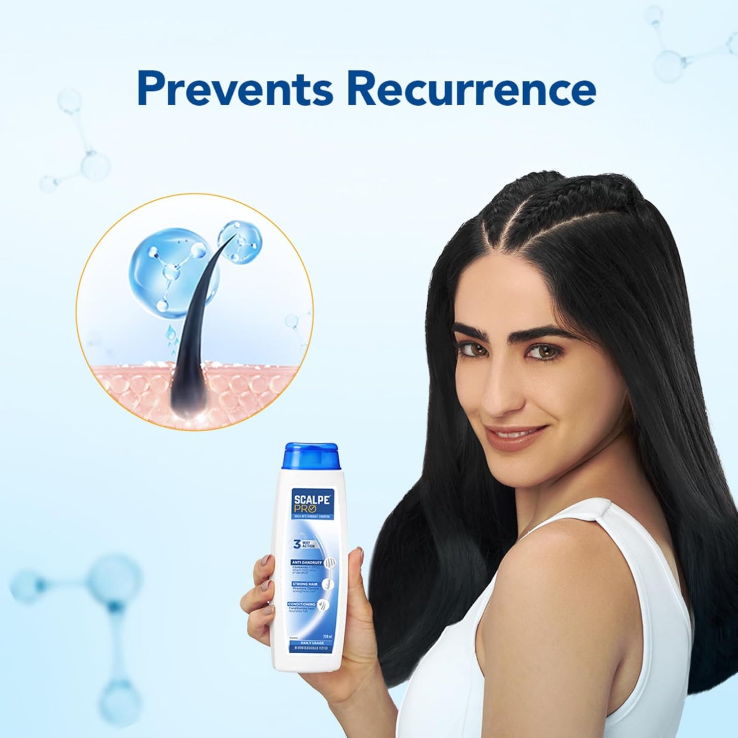 Woman holding a scalp care product with text 'Prevents Recurrence' on a blue background