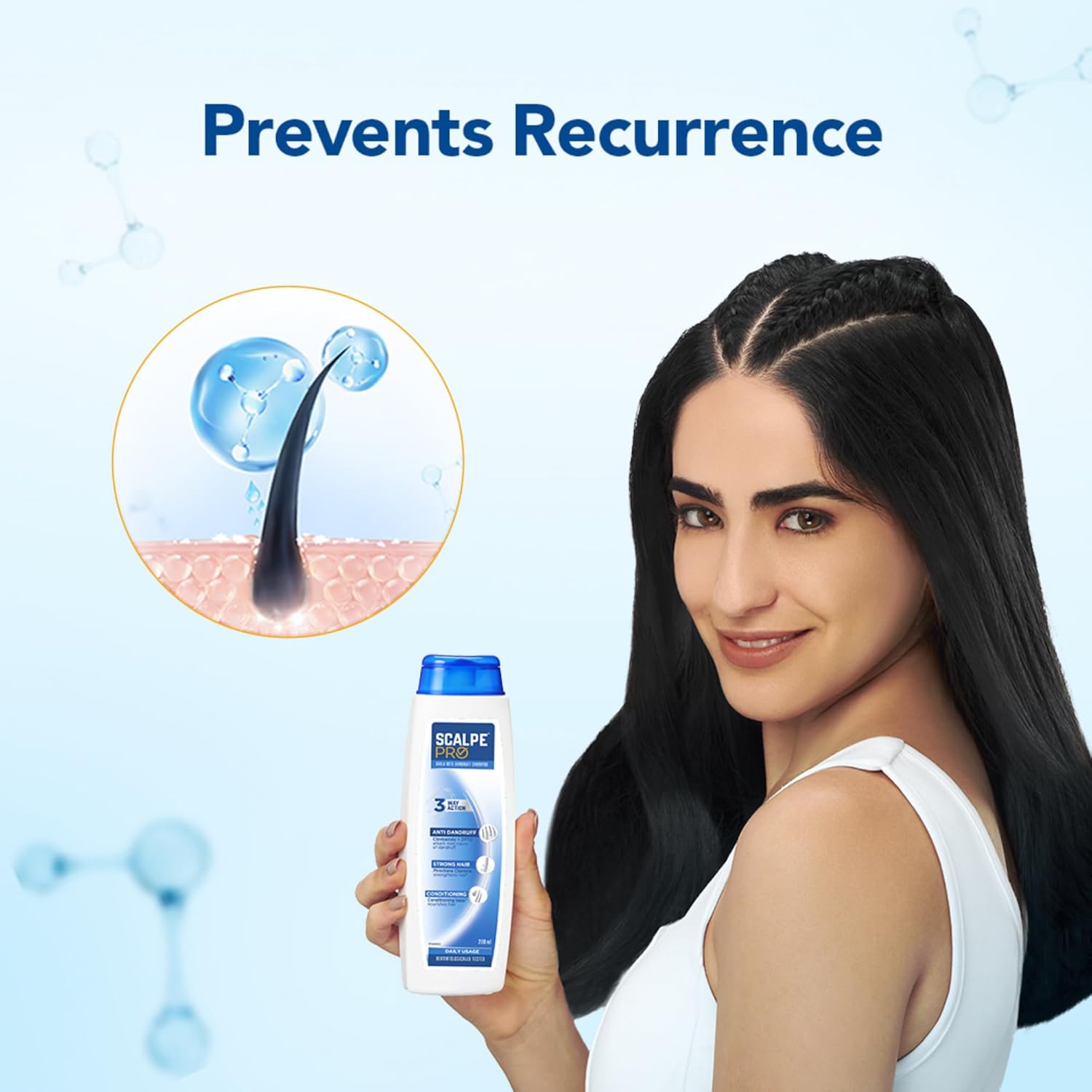 Woman holding a scalp care product with text 'Prevents Recurrence' on a blue background