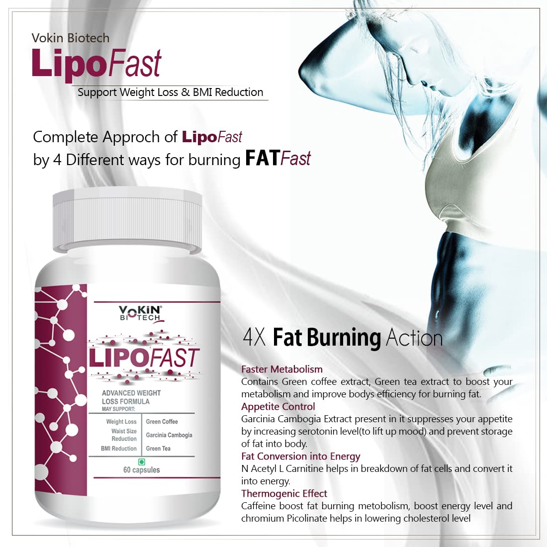 LipoFast supplement bottle with product details on a white background