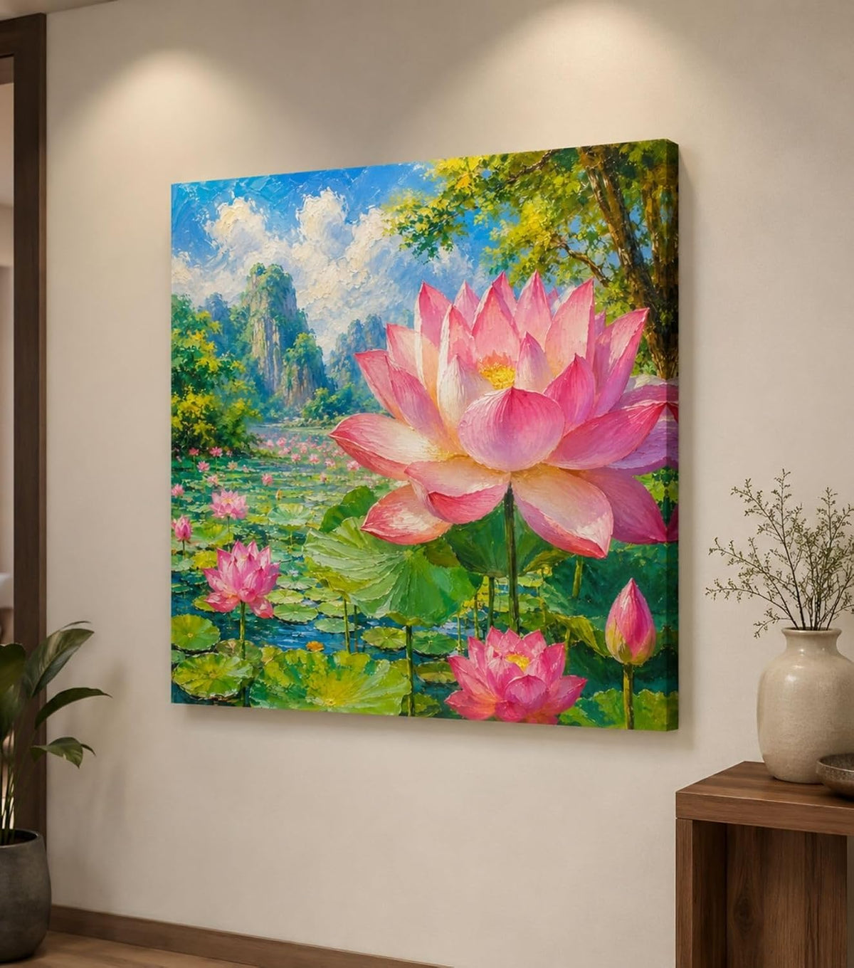 Lotus Flower Painting for Wall Vastu (15+ DESIGNS) Framed Lotus Canvas Painting for Living Room, Bedroom | Nature Floral Wall Art with Multiple Design Variations (Two Lotus, 18x18 Inch, Framed)