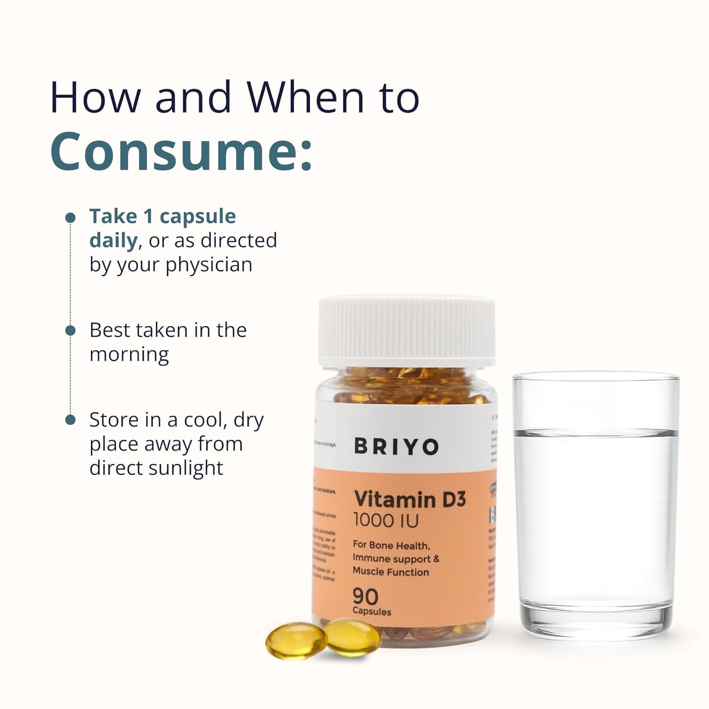 Briyo Vitamin D3 supplement bottle with capsules and a glass of water on a white background.