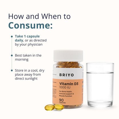 Briyo Vitamin D3 supplement bottle with capsules and a glass of water on a white background.
