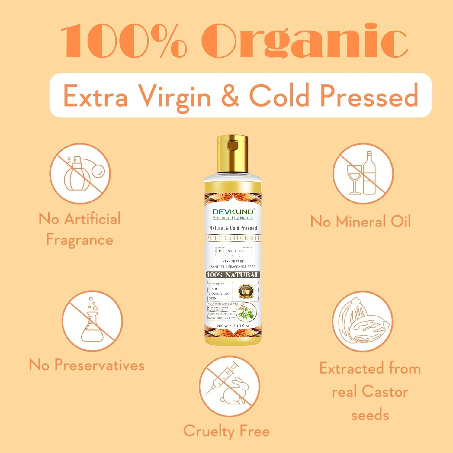 Devkund oil bottle with 100% organic claims on a peach background