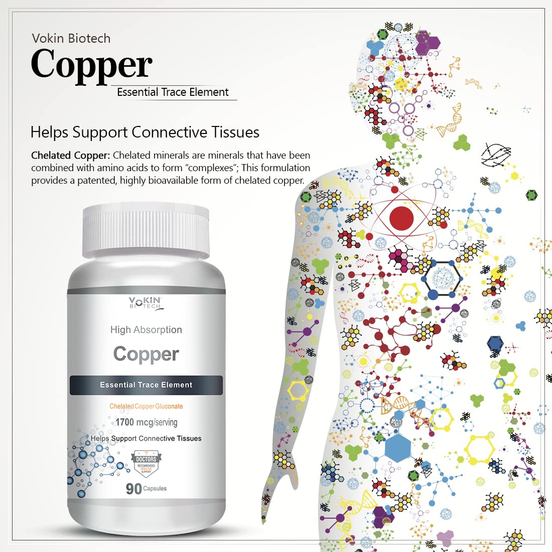 Vakin Biotech Copper supplement bottle with a colorful molecular structure illustration on a white background