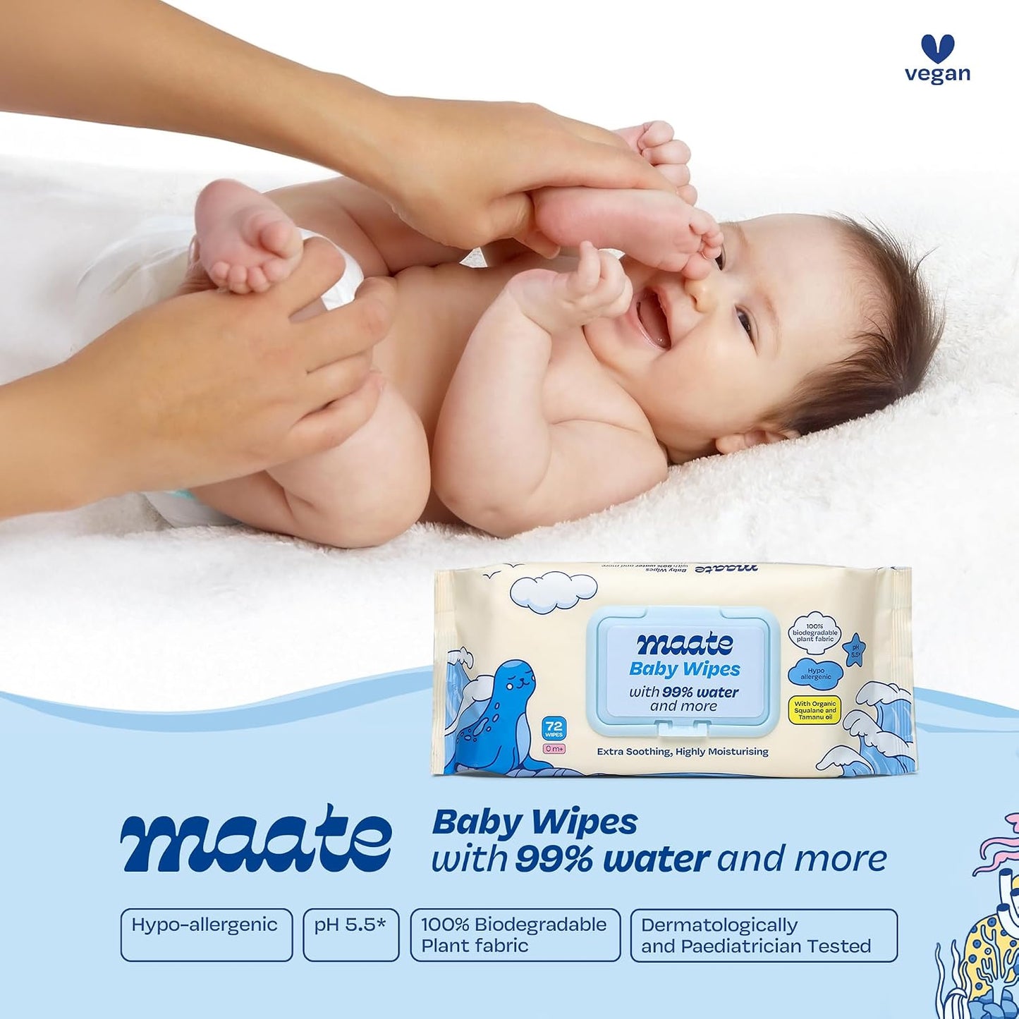Maate Baby Wipes (Pack of 1, 72 Wipes) | Soothing & Hypoallergenic | Infused With Plant Squalane, Tamanu Oil & Aloe Vera | Moisturizing & Hydrating | Wipe for Baby's | Paraben & Sulphate Free