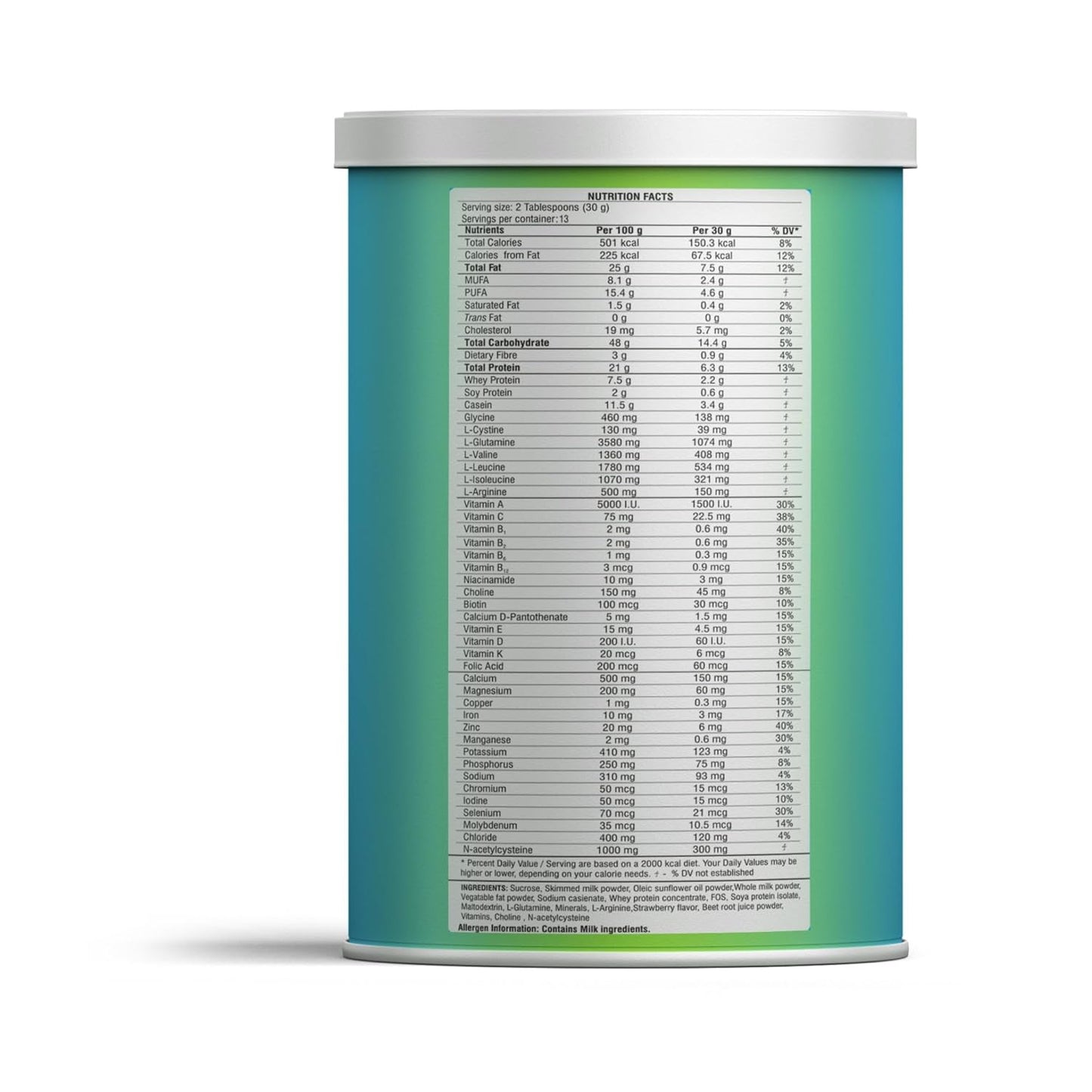 Nutrition facts label on a blue container with white text