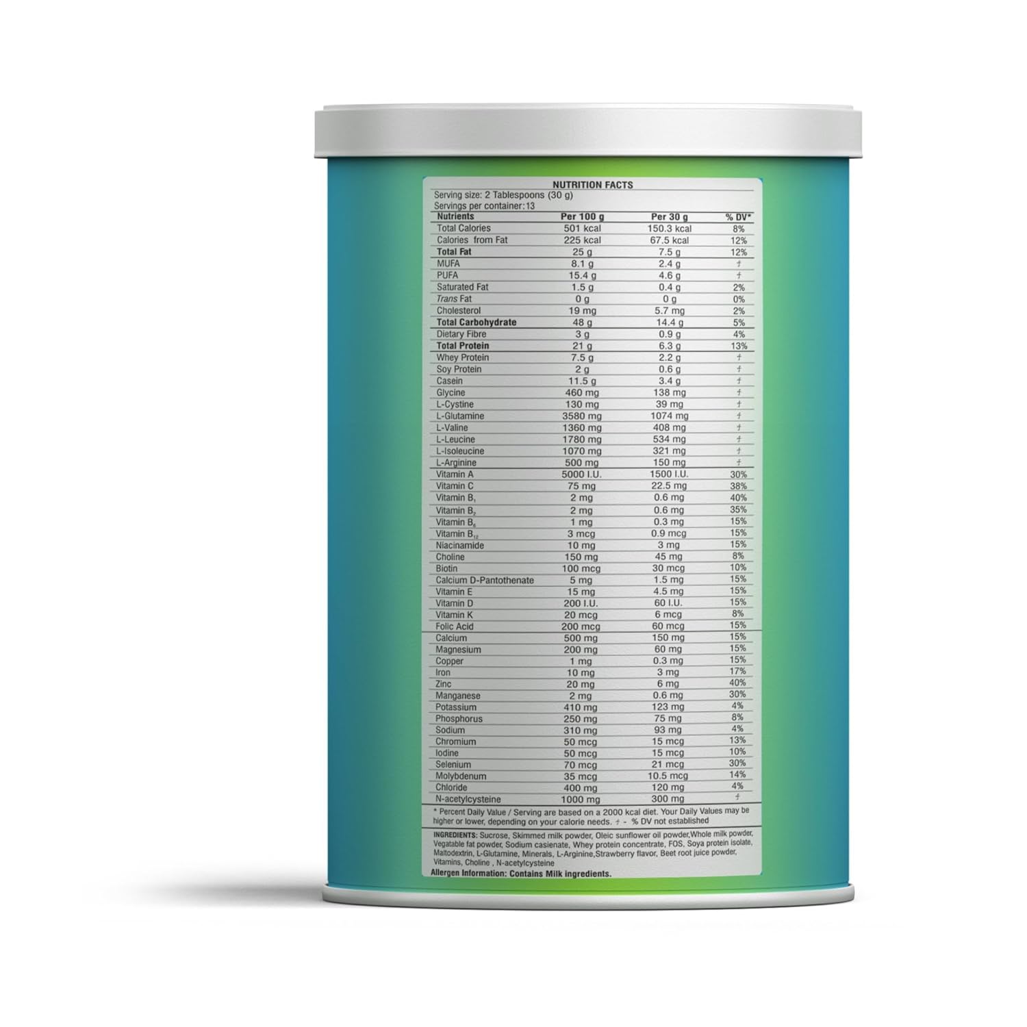 Nutrition facts label on a blue container with white text